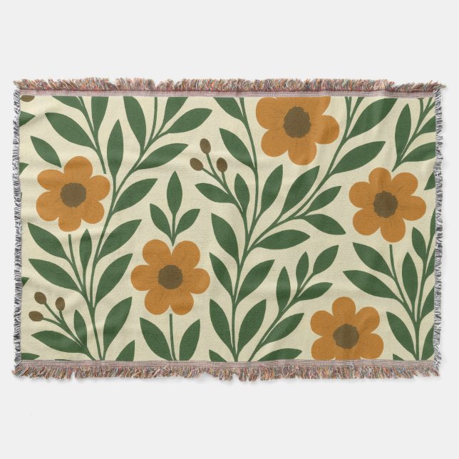 Orange Blommor och Gröna Blad Kast Kastmadrass Filt (Framsidan)