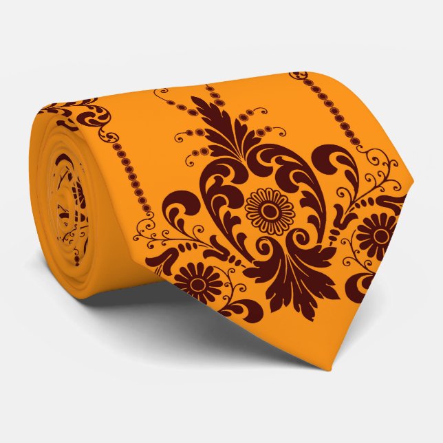 orange blommor och krulliga tryck slips (Rullad)