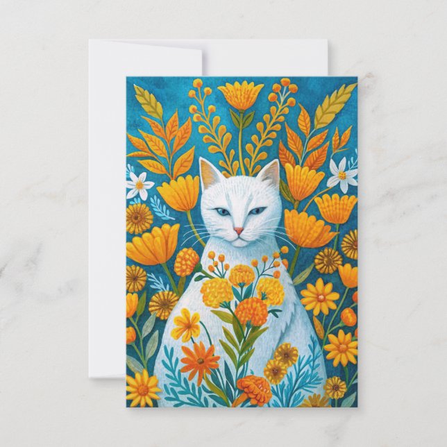 Orange blommor och vit katt tack kort (Framsida)