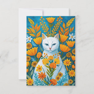 Orange blommor och vit katt tack kort