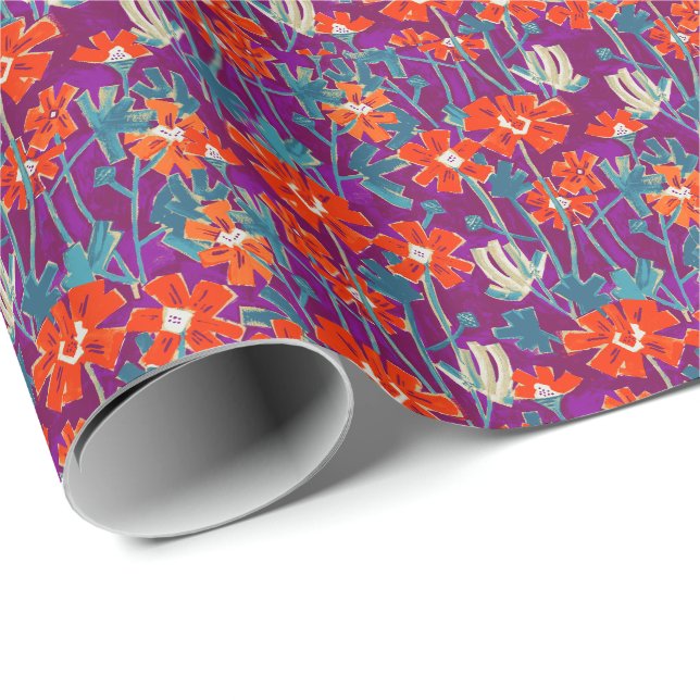 Orange blommor på lila dekorativ kudde presentpapper (Rullad Hörn)