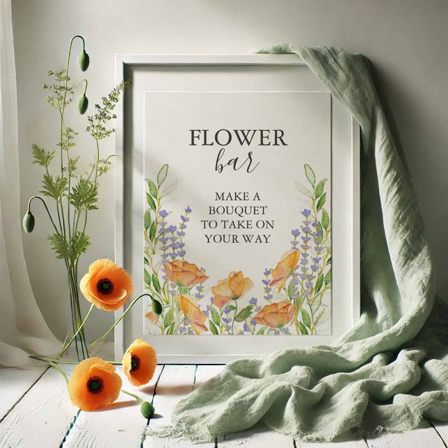 Orange Blomster Barskylt Poster (Flower bar sign with watercolor orange poppies, lavender and greenery)