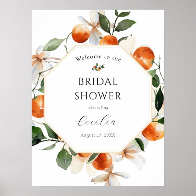 Orange Blossom Bröllopsdusch Välkomstskylt Poster (Framsidan)