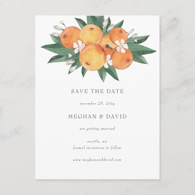 Orange Blossoms Citrus Botanical Save the Date Meddelande Vykort (Framsida)