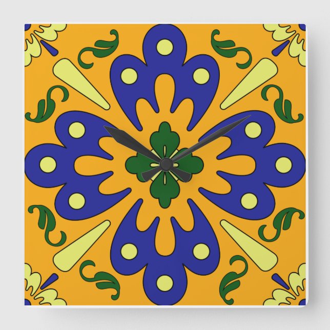 Orange Blue and Gult Spain Tile Kitchen Clock Fyrkantig Klocka (Framsida)