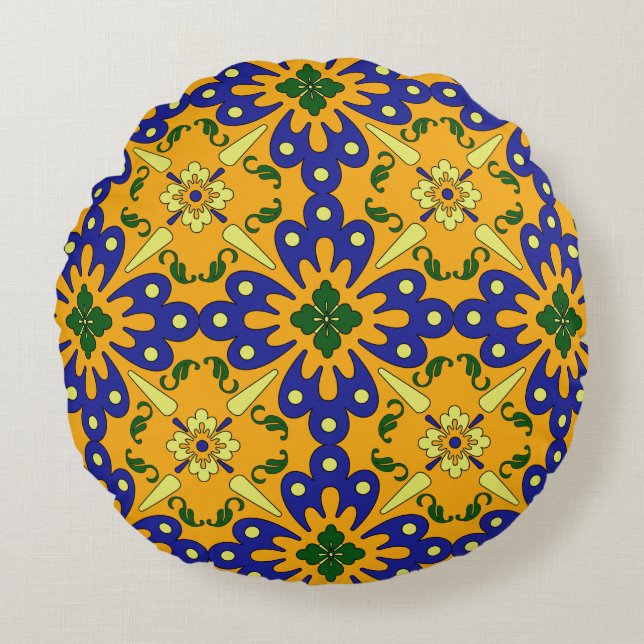Orange Blue and Gult Spain Tile Mönster Rund Kudde (Framsidan)