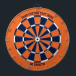 Orange & Blue Anpassningsbar Text Sports Chicago I Darttavla<br><div class="desc">Lägg till en egen text överst och grund (standardtexten "din anpassningsbar här" och "gå sport!") till den här orangens rityta med marin blå,  orange och vit rityta mönster. Underbar för sportfantaster i Chicago,  Illinois.</div>