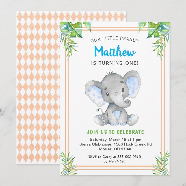 Orange Blue Boy Elephant Birthday Little gentleman Inbjudningar (Fram/baksida)