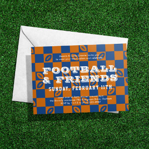Orange Blue Checkerboard Football Game Watch Party Inbjudningar