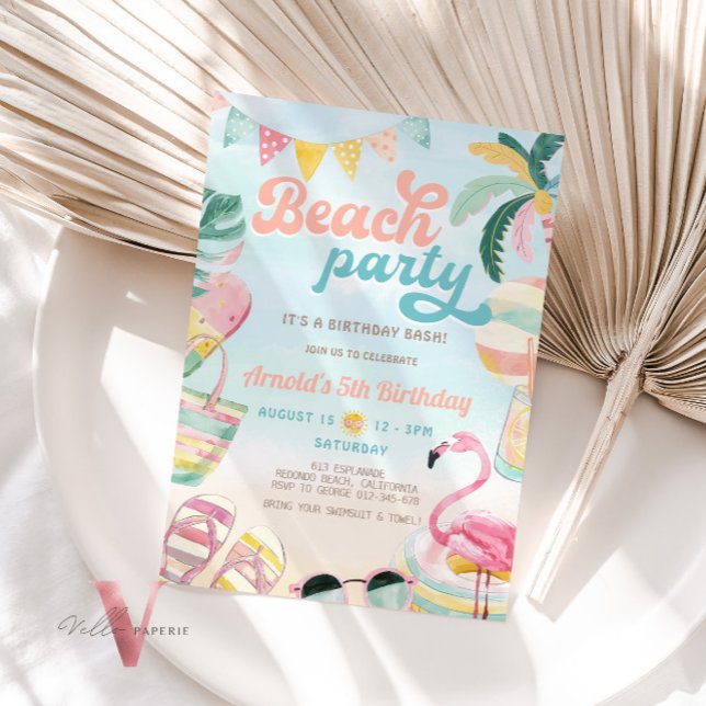 Orange Blue Cute Beach Födelsedagsfest inbjudan (Skapare uppladdad)