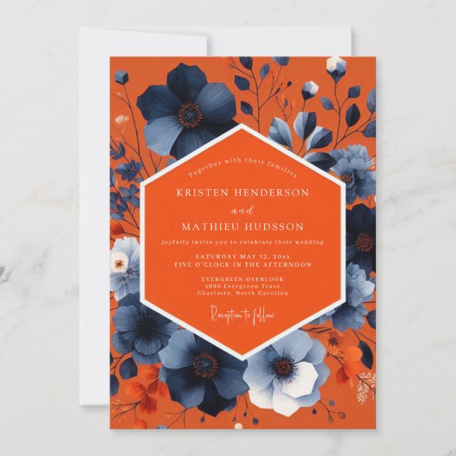 Orange Blue Floral Autumn Wedding Inbjudningar (Framsida)