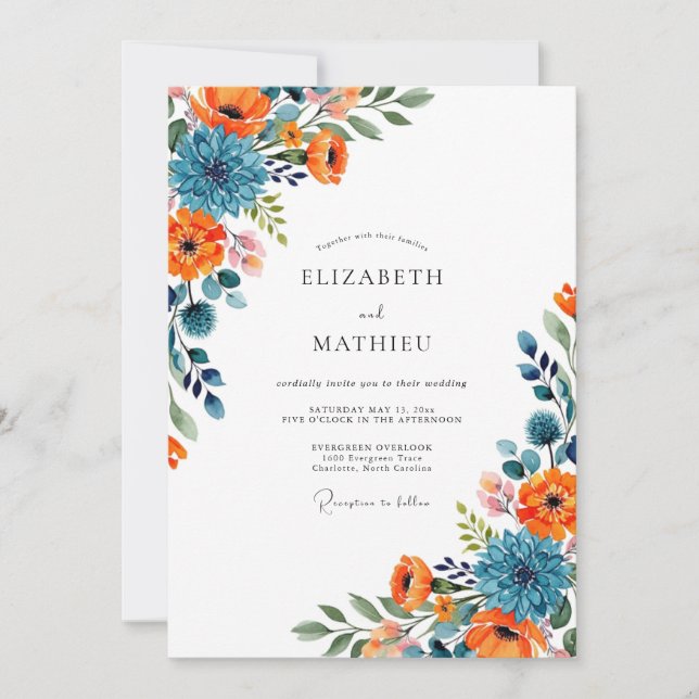 Orange Blue Floral Flourish Wedding Inbjudningar (Framsida)