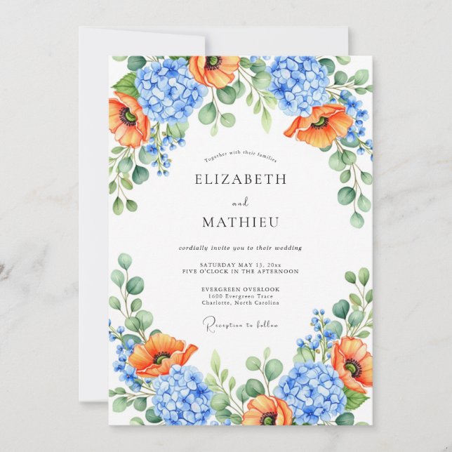 Orange Blue Floral Spring Wedding Inbjudningar (Framsida)