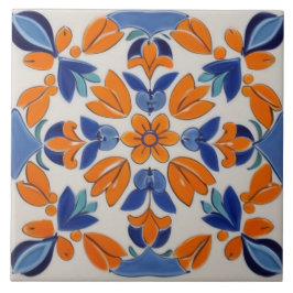 Orange Blue Geometric Blommigt Flower Mediterranea Kakelplatta
