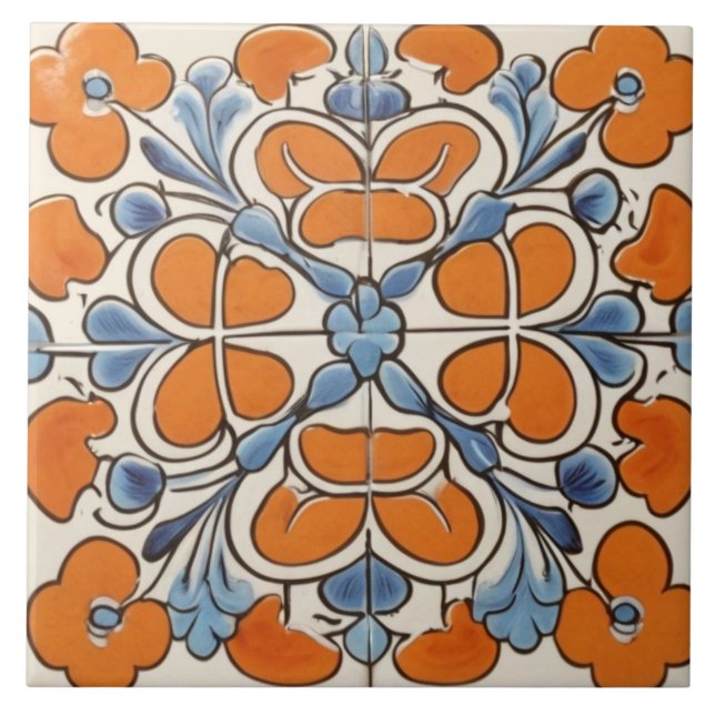 Orange Blue Geometric Blommigt Flower Mediterranea Kakelplatta (Framsidan)