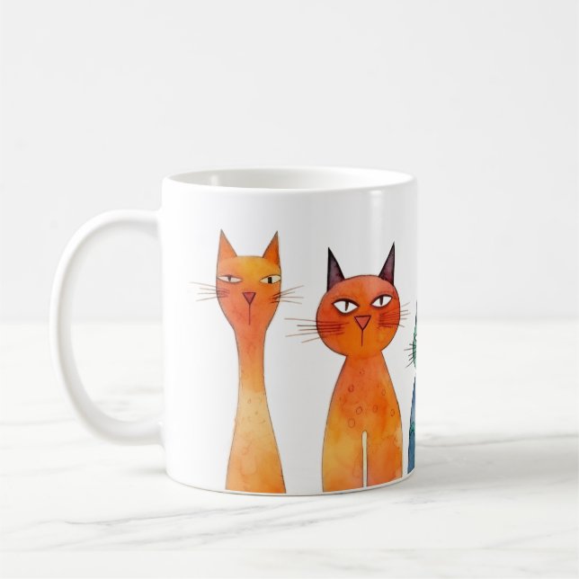 Orange Blue Grönt Watercolor Quirky Cats Kaffemugg (Vänster)