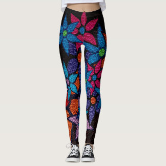 Orange Blue Lila Blommigt Leggings