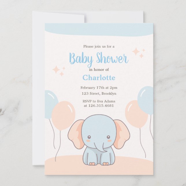 Orange Blue Pastel Simple Elephant Baby Shower Inbjudningar (Framsida)