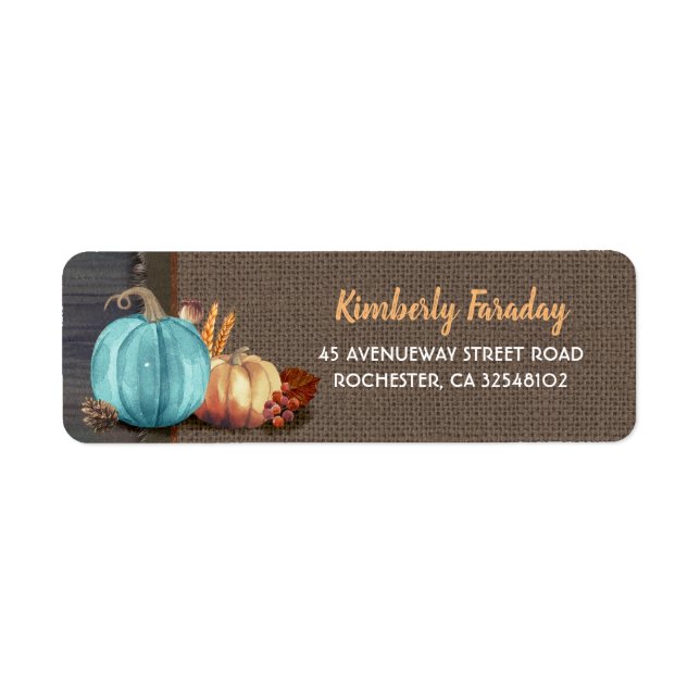Orange Blue Pumpkins Rustic Fall Party-etikett Returadress Etikett (Framsidan)