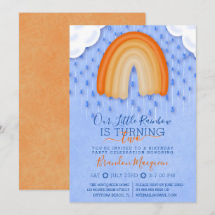 Orange Blue Rainbow Rain Clouds Balloon Birthday Inbjudningar
