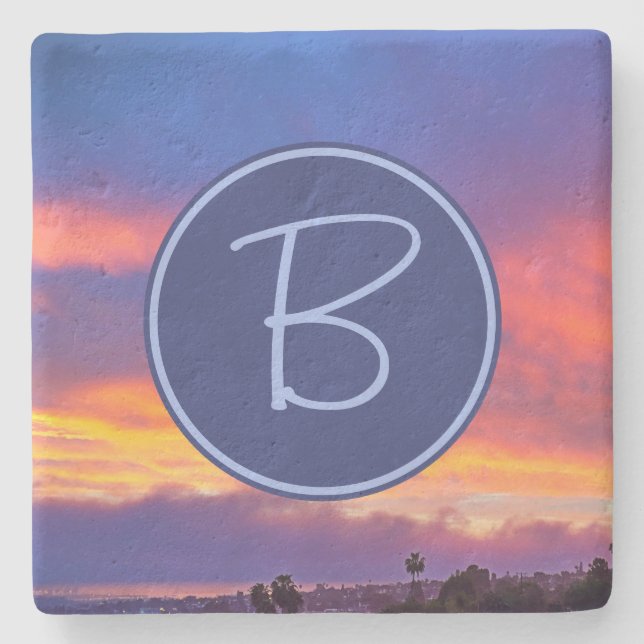 Orange Blue Rosa Clouds Sunset Monogram Initial Stenunderlägg (Framsidan)