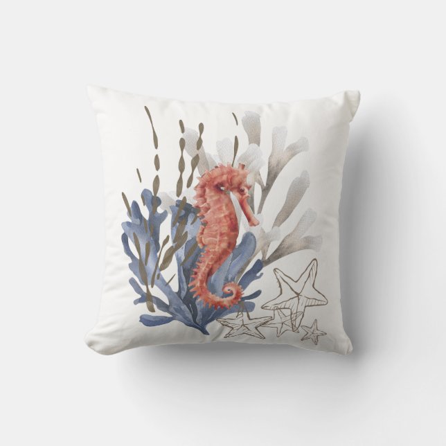 Orange Blue Seahorse Coral Starfish Nautical Beach Kudde (Framsida)