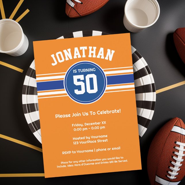 Orange Blue Sports Jersey Födelsedagsfest Inbjudningar (Birthday Party Invitation - Sports Theme - Football Party Invitation)