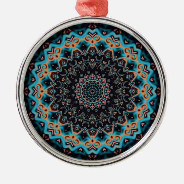 Orange Blue Teal Black Mandala Boho Art Julgransprydnad Metall (Framsidan)