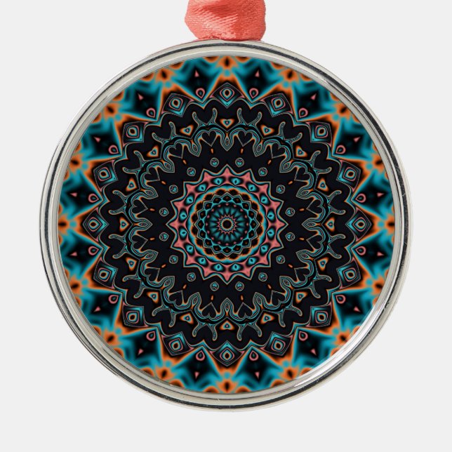 Orange Blue Teal Black Mandala Boho Art Julgransprydnad Metall (Framsidan)