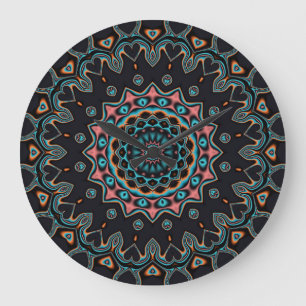 Orange Blue Teal Black Mandala Boho Art Stor Klocka