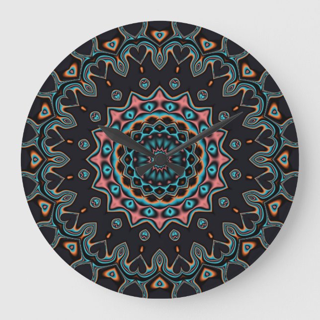 Orange Blue Teal Black Mandala Boho Art Stor Klocka (Framsida)