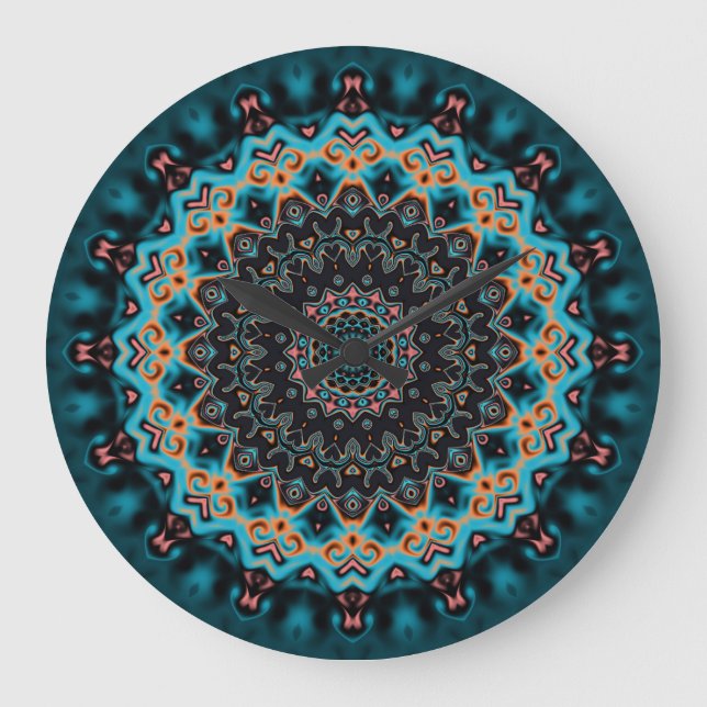 Orange Blue Teal Black Mandala Boho Art  Stor Klocka (Framsida)
