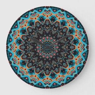 Orange Blue Teal Black Mandala Boho Art Stor Klocka