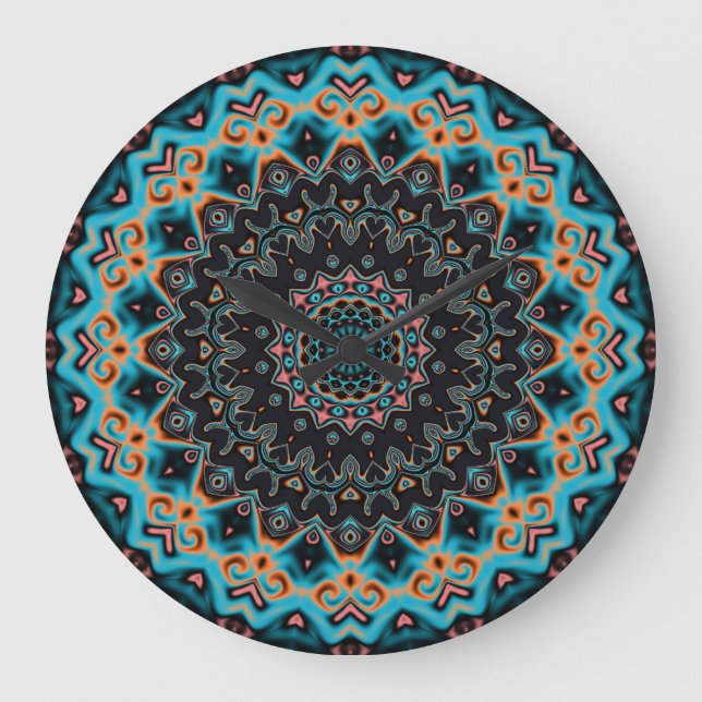 Orange Blue Teal Black Mandala Boho Art Stor Klocka (Framsida)