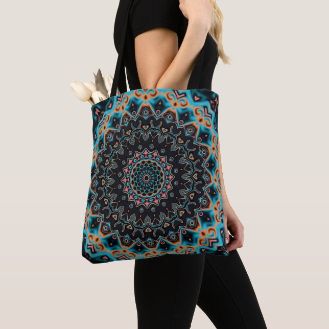 Orange Blue Teal Black Mandala Boho Art Tygkasse (Närbild)