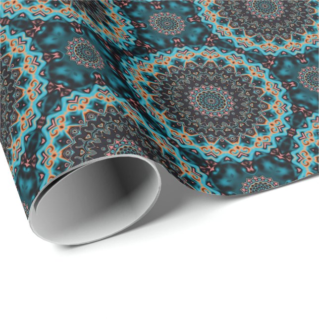 Orange Blue Teal Black Mandala Boho Mönster Presentpapper (Rullad Hörn)