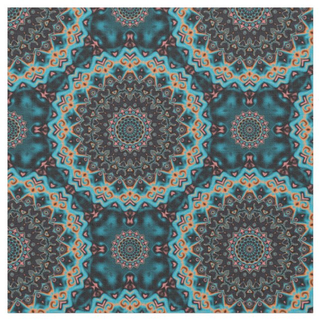 Orange Blue Teal Black Mandala Boho Mönster Tyg (Närbild)