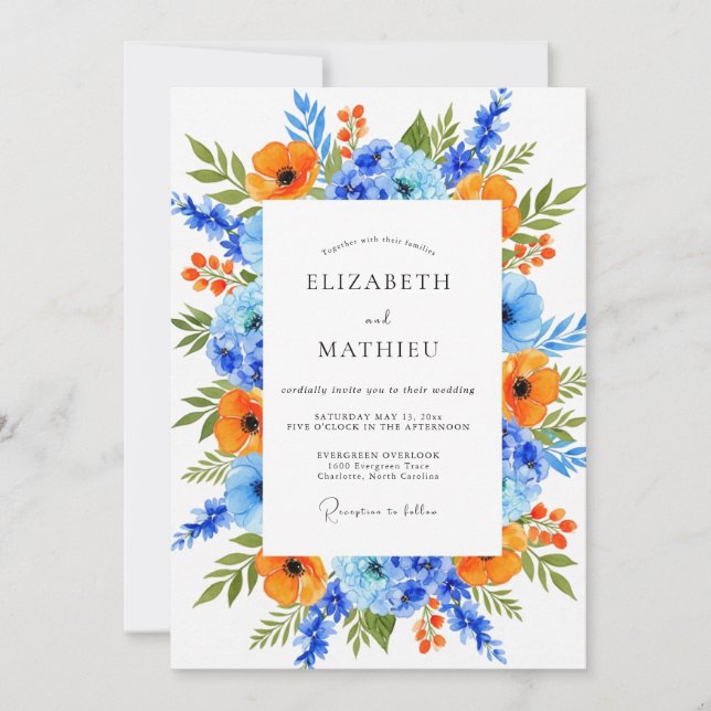 Orange Blue Vibrant Floral Wedding Inbjudningar (Framsida)