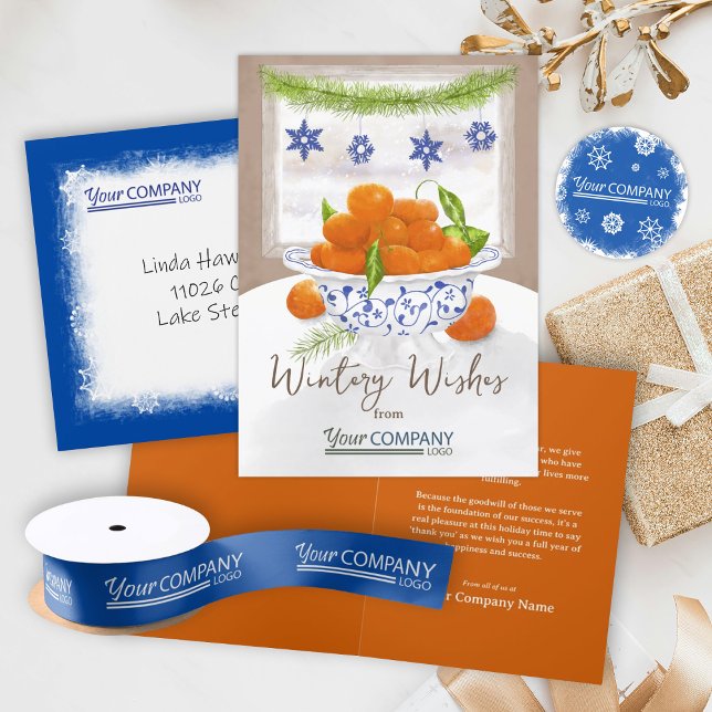 Orange, Blue Winter Orange Company Logotyp Kort (winter Christmas oranges, orange and blue company holiday greeting cards, business logo Christmas)