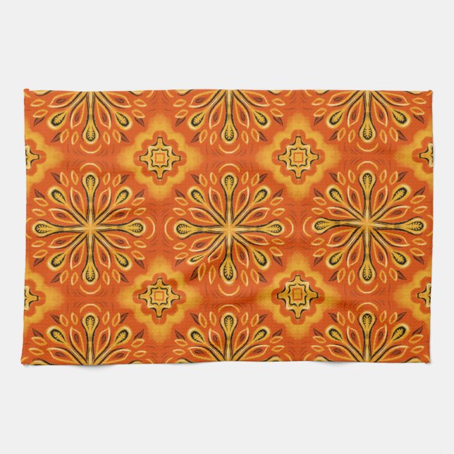 Orange Boho Abstrakt Flower Mönster Decorative Kökshandduk (Horisontell)