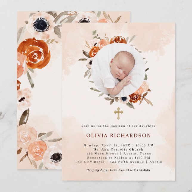 Orange Boho |  baptismfoto med vattenfärg Inbjudningar (Fram/baksida)