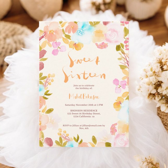 Orange boho blommig vattenfärg skript Sweet 16 Inbjudningar (Orange boho floral watercolor script Sweet 16 Invitation)