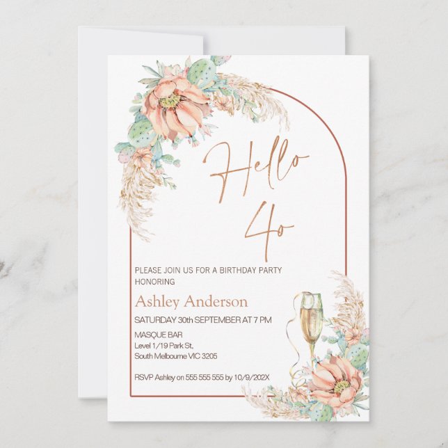 Orange Boho Cactus 40:e födelsedagsinbjudan Inbjudningar (Framsida)