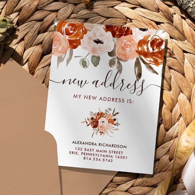 Orange Boho Rustic Blommigt | Ny adress Flytta Meddelande Vykort (Skapare uppladdad)