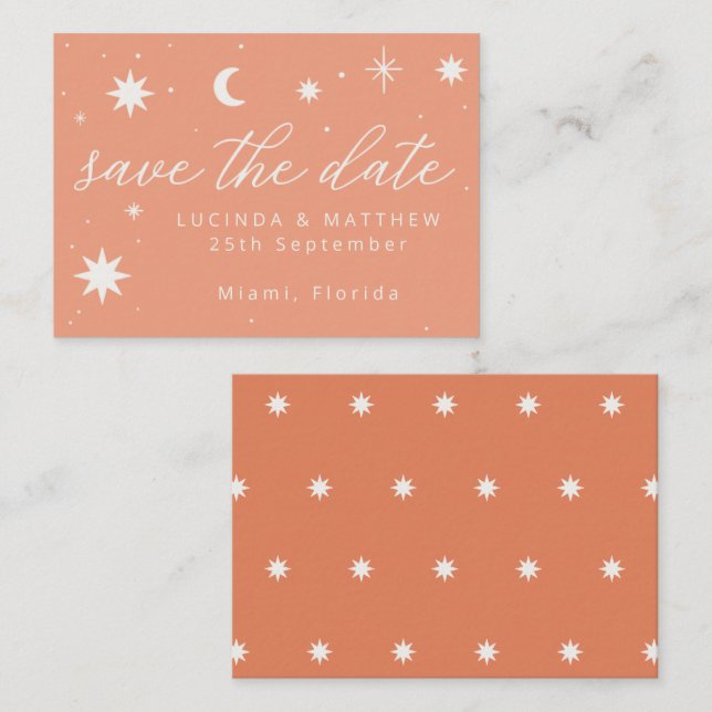 Orange Boho Starry Bröllop spara datum Card Anteckningskort (Fram/baksida)