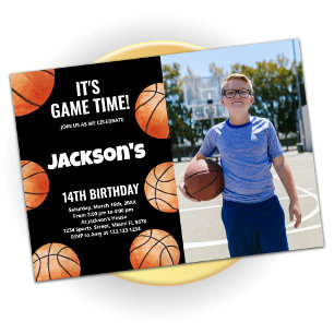 Orange Bollar Black Basketball Birthday Photo Inbjudningar