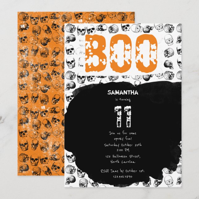 Orange Boo Halloween Spooky Skull Birthday Inbjudningar (Fram/baksida)