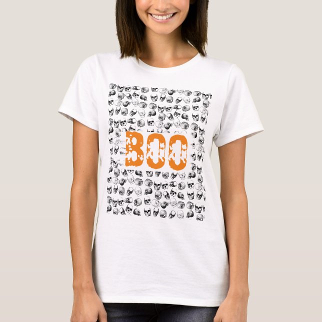 Orange Boo Halloween Spooky Skull Mönster T Shirt (Framsida)
