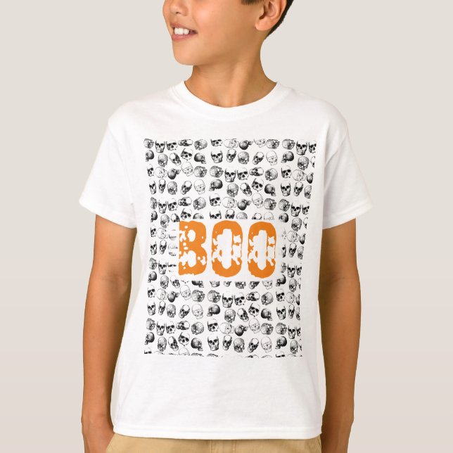 Orange Boo Halloween Spooky Skull Mönster T Shirt (Framsida)