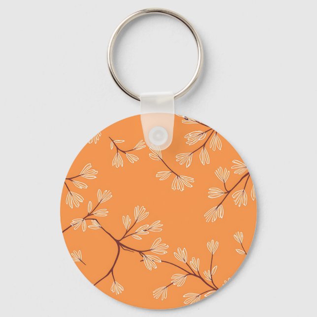 Orange botaniskt mönster vita handritade grenar nyckelring (Framsida)